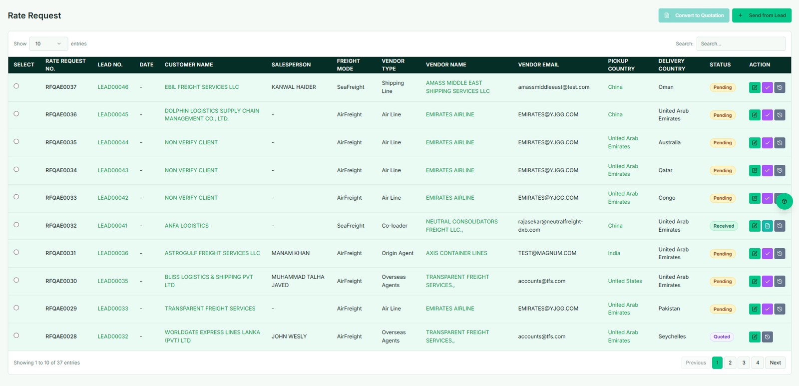 Waybill CRM rate-request workspace comparing freight vendor buying rates