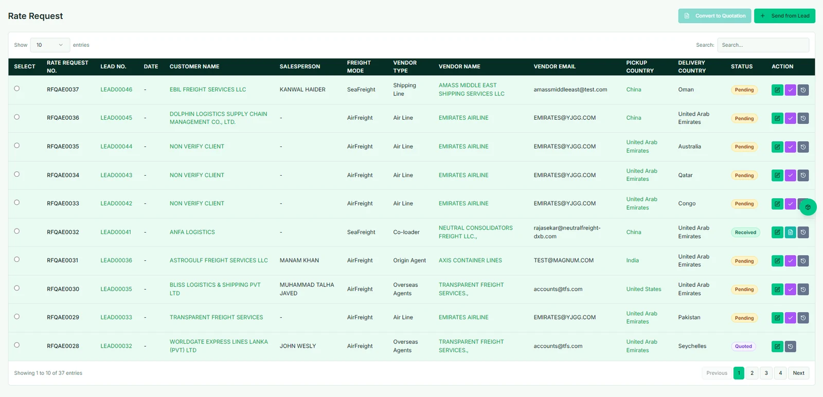 Waybill CRM Rate Requests workspace comparing vendor buying rates