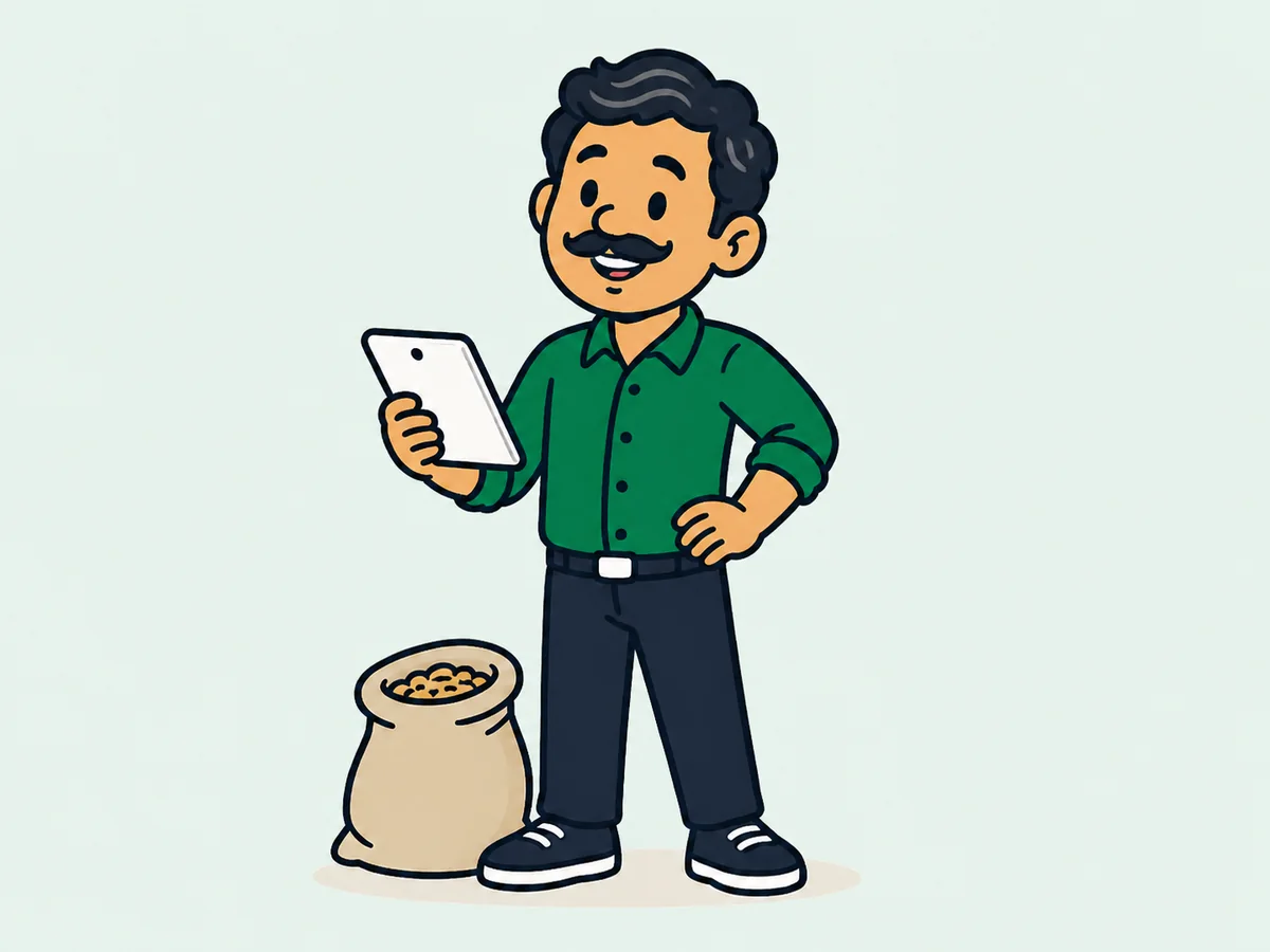 Simple cartoon of an independent trader handling purchases, stock, sales, and cash