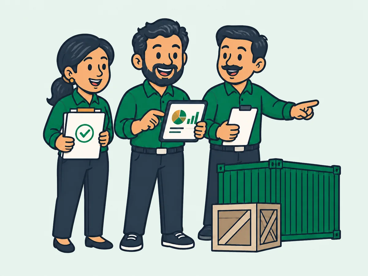 Simple cartoon group representing an industrial import house coordinating letters of credit and landed costs