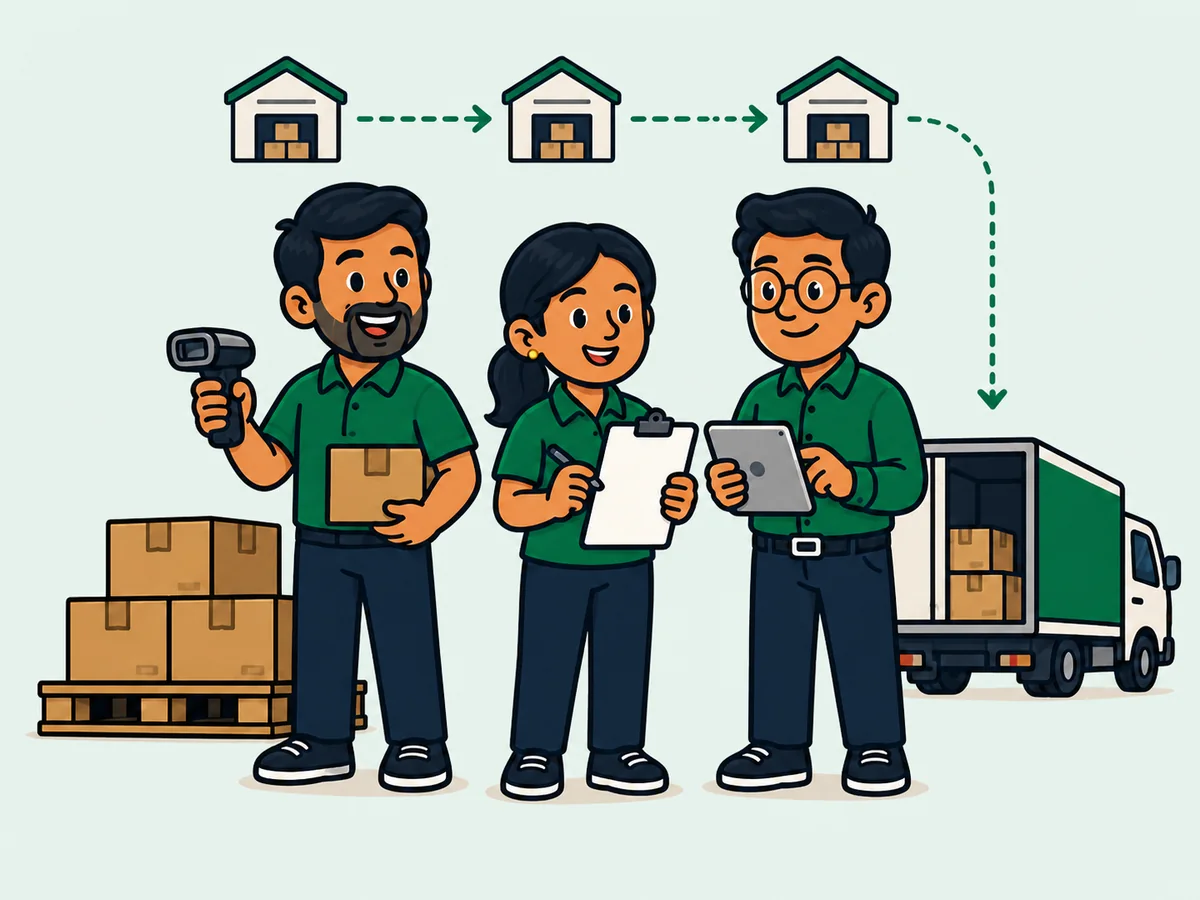 Simple cartoon group representing a distributor operating several warehouses and delivery routes