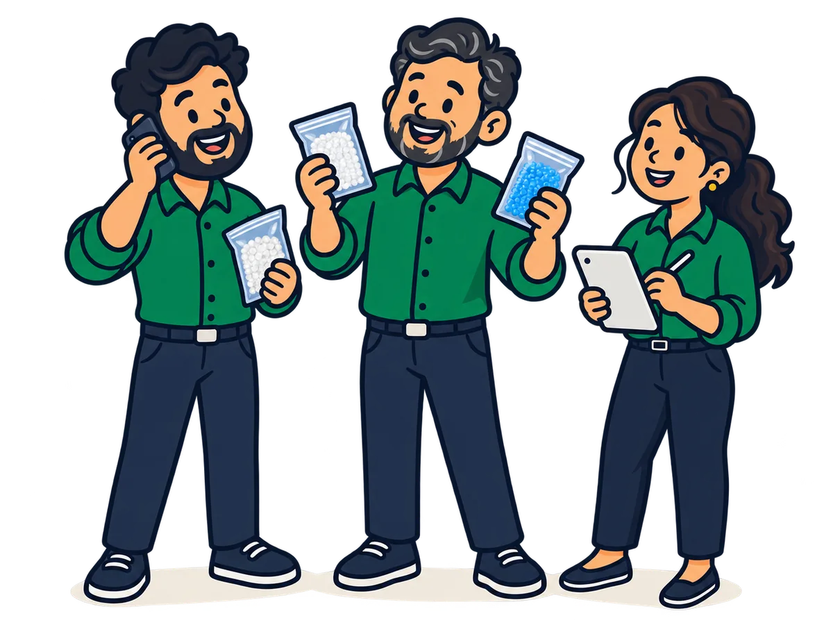 Simple cartoon group representing polymer, resin, and additives traders