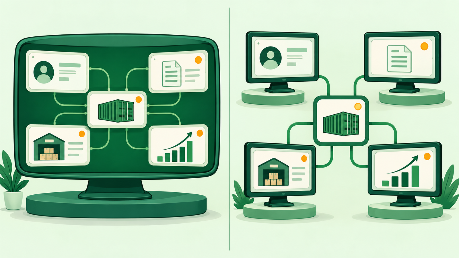 Integrated freight operations environment compared with separate specialist freight software workstations